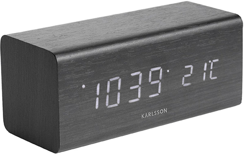 Karlsson wekker block - zwart fineer, wit led - 16x7,2x7cm - scandinavisch - wekker voor slaapkamer - wekkers