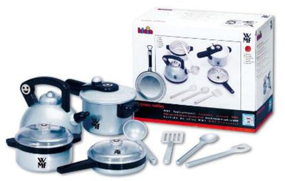 Klein toys wmf pannenset - fluitketel, snelkookpan, koekenpan, braadpan met deksel en hoogwaardig speelgoedkeukengerei - grijs zwart