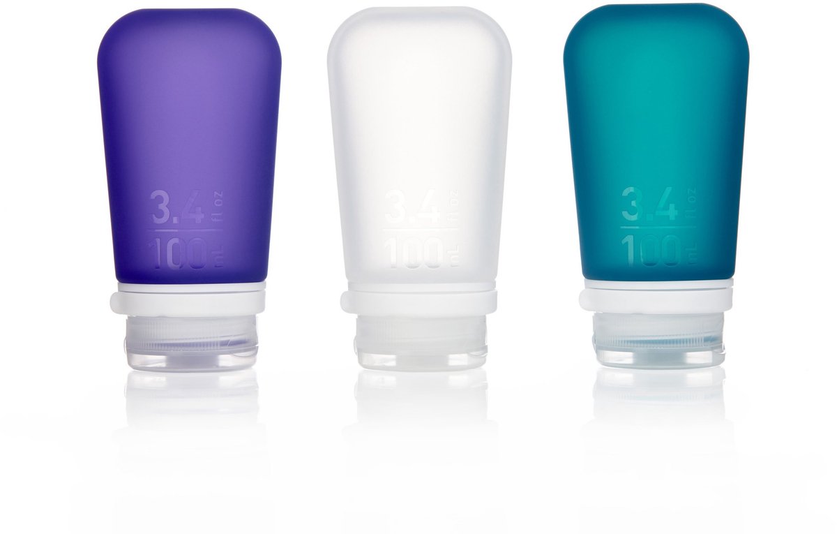 Human gear - gotoob+ 3-pack - reisflesje - flacon - lekvrij - herbruikbaar - lichtgewicht - large -100ml - clear purple teal
