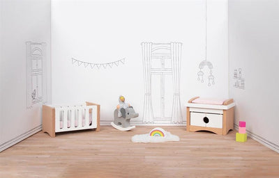 Goki poppenhuismeubeltjes: design kinderkamer, 12-delig, 10,2x6x5,5cm (bed), beukenhout en stof, 3+
