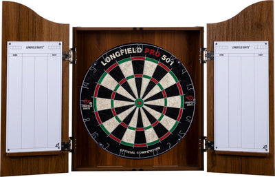 Engelhart houten cabinet met dartbord – inclusief 6 steeltip pijlen, whiteboard marker – beschermt muur en dartbord – wedstrijdbord – bruin hout fineer – longfield