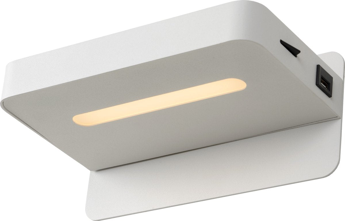 Lucide atkin - bedlamp wandlamp - led - 1x6w 3000k - met usb oplaadpunt - wit