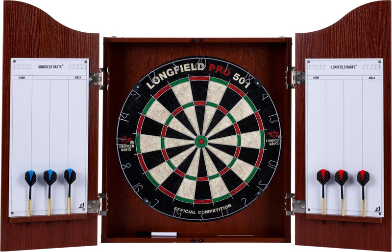 Engelhart longfield darts - houten dartkabinet bruin met dartbord – inclusief 6 steeltip dartpijlen - whiteboard + marker - wedstrijdbord – dartkabinet - bruin - houten kabinet – dartset - beschermt de muur - makkelijk te installeren