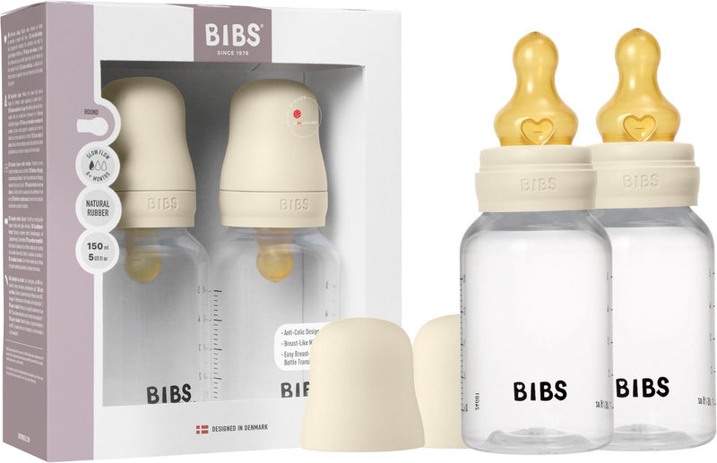 Bibs babyfles 150 ml natuurlijk latexrubber speen verpakking 2 stuks - anti-koliek, bpa-vrij, ronde speen, langzame stroom , licht gewicht en makkelijk te reinigen, geschikt voor pasgeboren baby's 0+ jaar - ivory