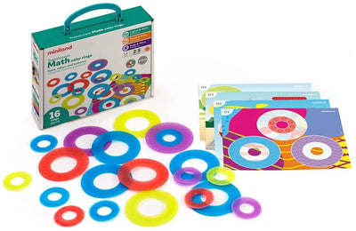 Miniland ml transparant: math color rings diam.9cm, doorzichtig, geschikt voor lightpad, 16 ringen en 4 speelkaarten, 2+