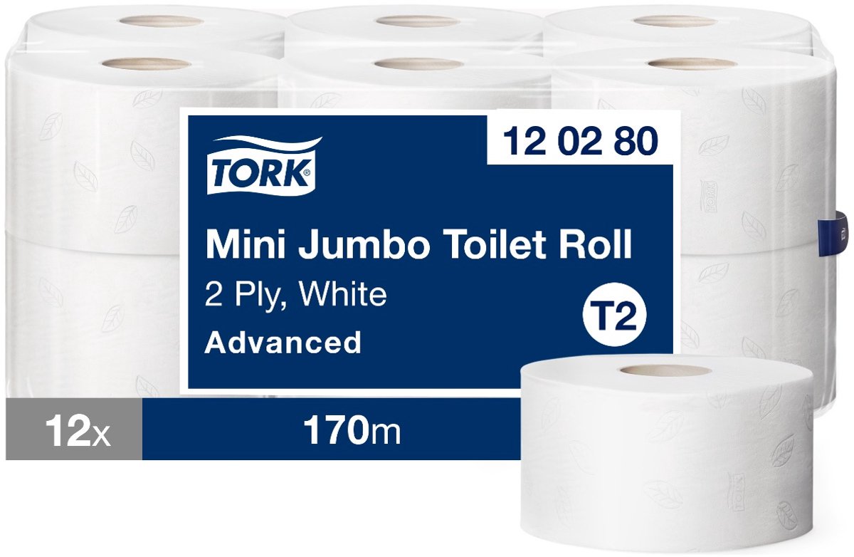 Tork 120280 mini jumbo toiletpapier t2 advanced 2-laags wit 12 rollen x 170m (120280)