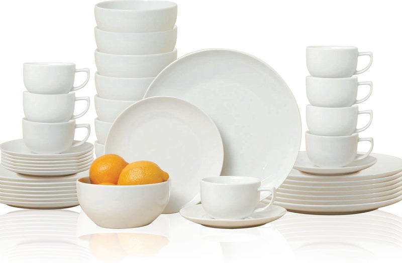 Alpina serviesset 8 persoons - aardewerk servies 40-delig - bordenset met ontbijtborden, dinerborden, kommen, kopjes en schotels - servies set vaatwasser- en magnetronbestendig - wit