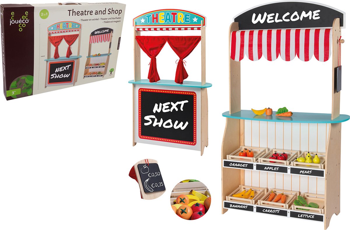 Jouéco houten theater en winkel 2 in 1 - met accessoires - vanaf 3 jaar