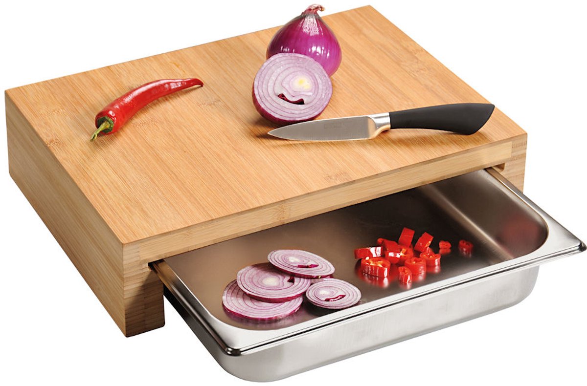 Kesper fsc® bamboe houten snijplank met 1 rvs lade - 2in1 verhoogde snij plank met 1 rvs uitschuifbare laden aan de voorkant (opvangbakken) - afm. 37.5 x 27.5 x 9.5 cm.