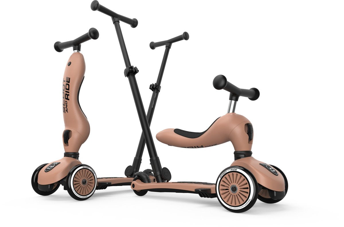 Scoot ride highwaykick 1 push go - 2-in-1 kinderstep met duwstang - step loopfiets 2-in-1, 3 wielen - duwstang 3 hoogtes, afneembare voetsteunen - 1-5 jaar, max 20 50 kg - mocha