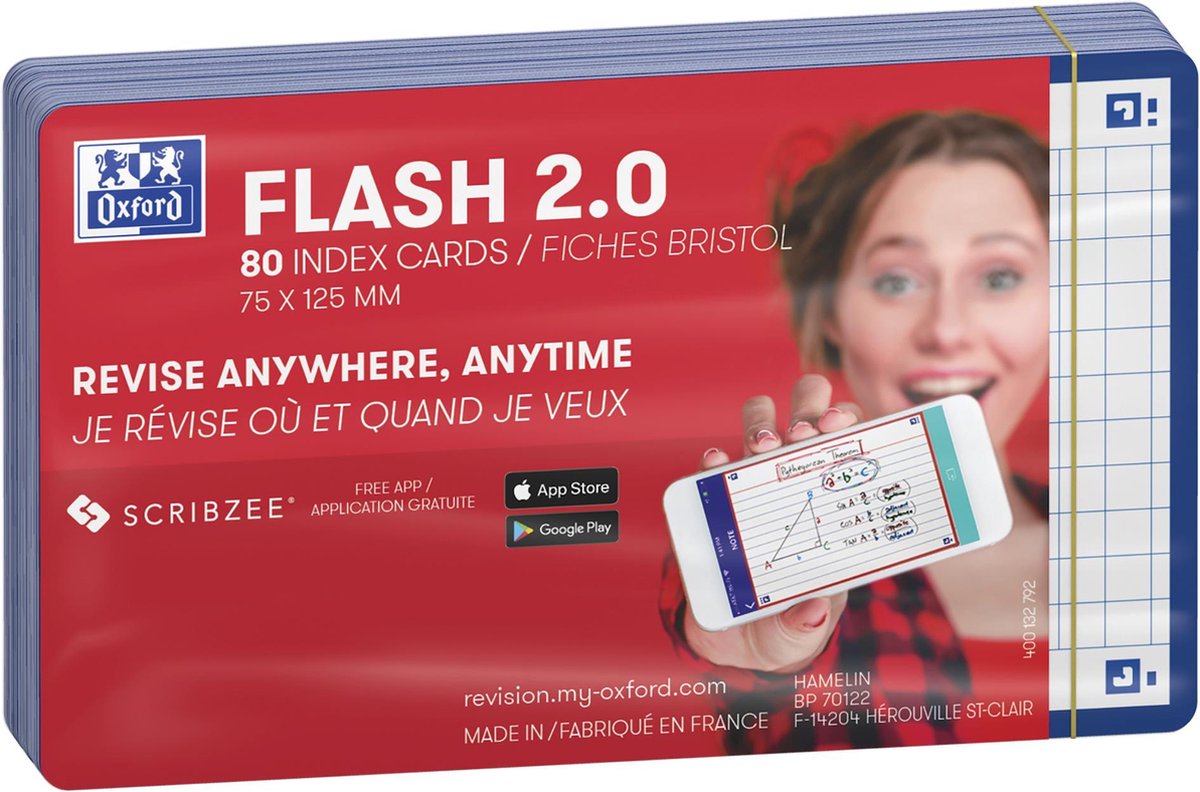 Oxford flash 2.0 - flashcards - geruit 5mm - a7 - blauwe rand - 80 stuks