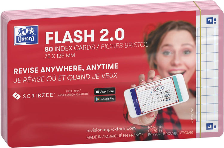 Oxford flash 2.0 - flashcards - geruit 5mm - a7 - roze rand - 80 stuks