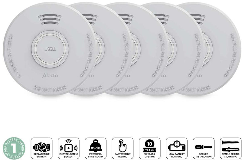 Alecto rookmelder sd110 5x - brandmelder met 10 jaar sensor - voldoet aan europese norm - 5 stuks