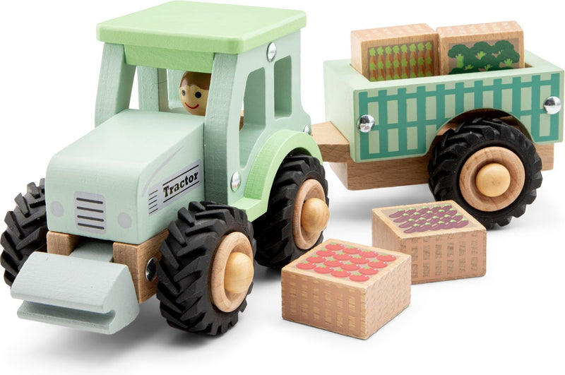 New classic toys ® houten tractor met aanhanger - inclusief 4 groentekisten - groen - educatief speelvoertuig - rollenspel speelgoed - vanaf 18 maanden