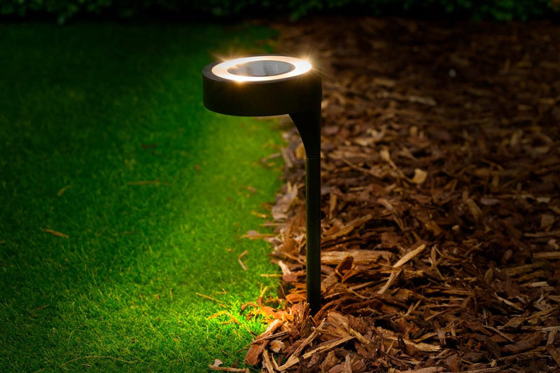 Grundig solar tuinlamp - tuinverlichting met warm wit licht op zonne-energie - buitenlamp met grondspies - led solar lamp ip44 - ø10 x 29 cm - zwart