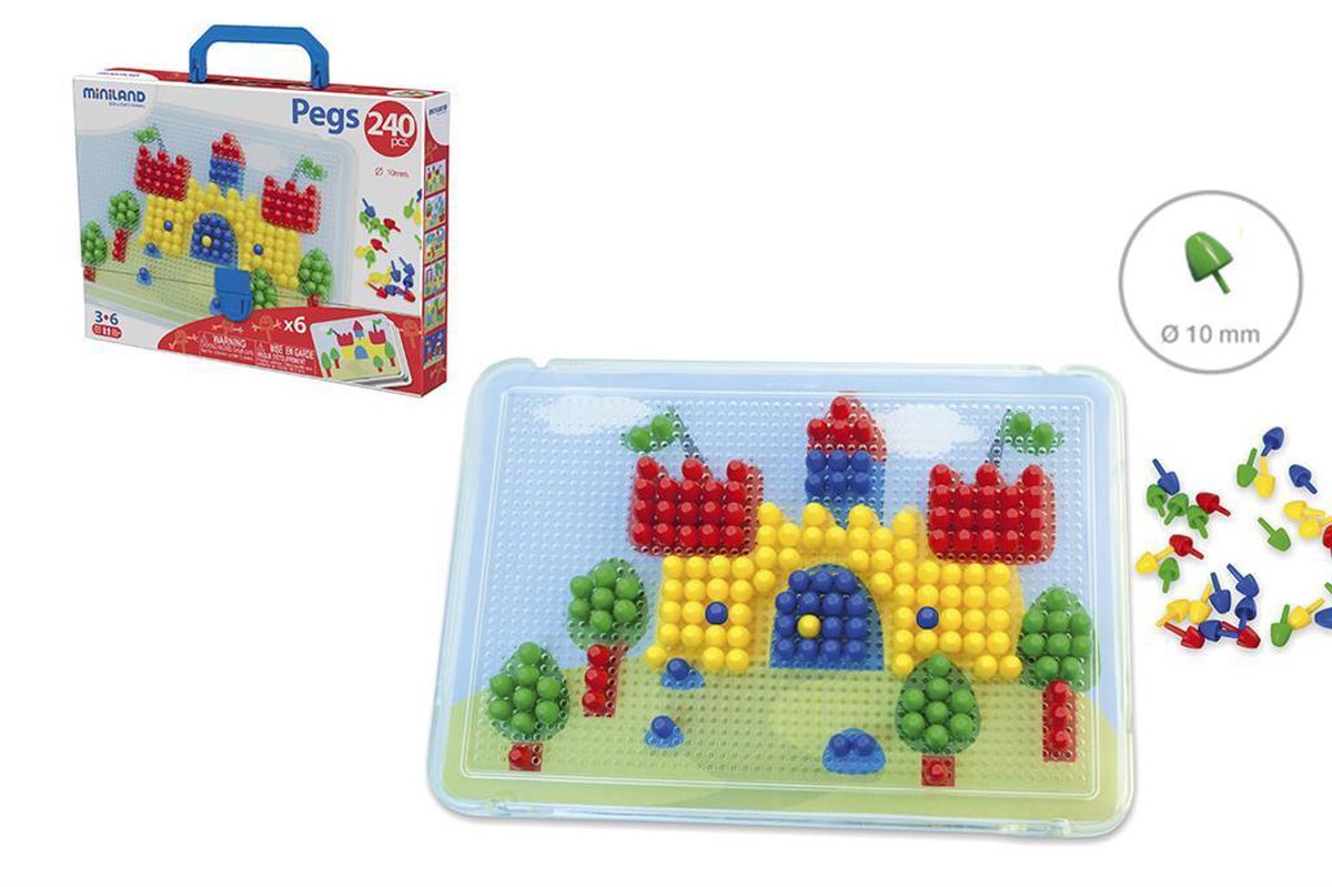 Miniland mozaïek pegs - 10mm - 240 pinnetjes - in doos met handvat - 3 jaar