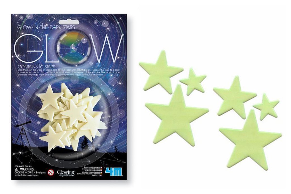 4m glow in the dark stickers - sterren - 3 formaten - 16 stuks - muurdecoratie kids - 3+