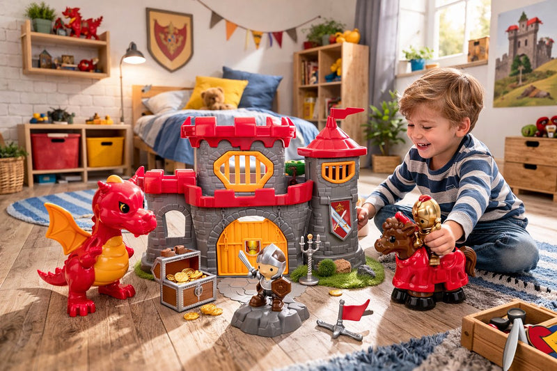 Eddy toys ridderkasteel speelset - 8-delig - kasteel, draak, ridders en paard - bevordert creatief rollenspel - stevige kunststof onderdelen - rood zilver donkergeel - vanaf 3 jaar