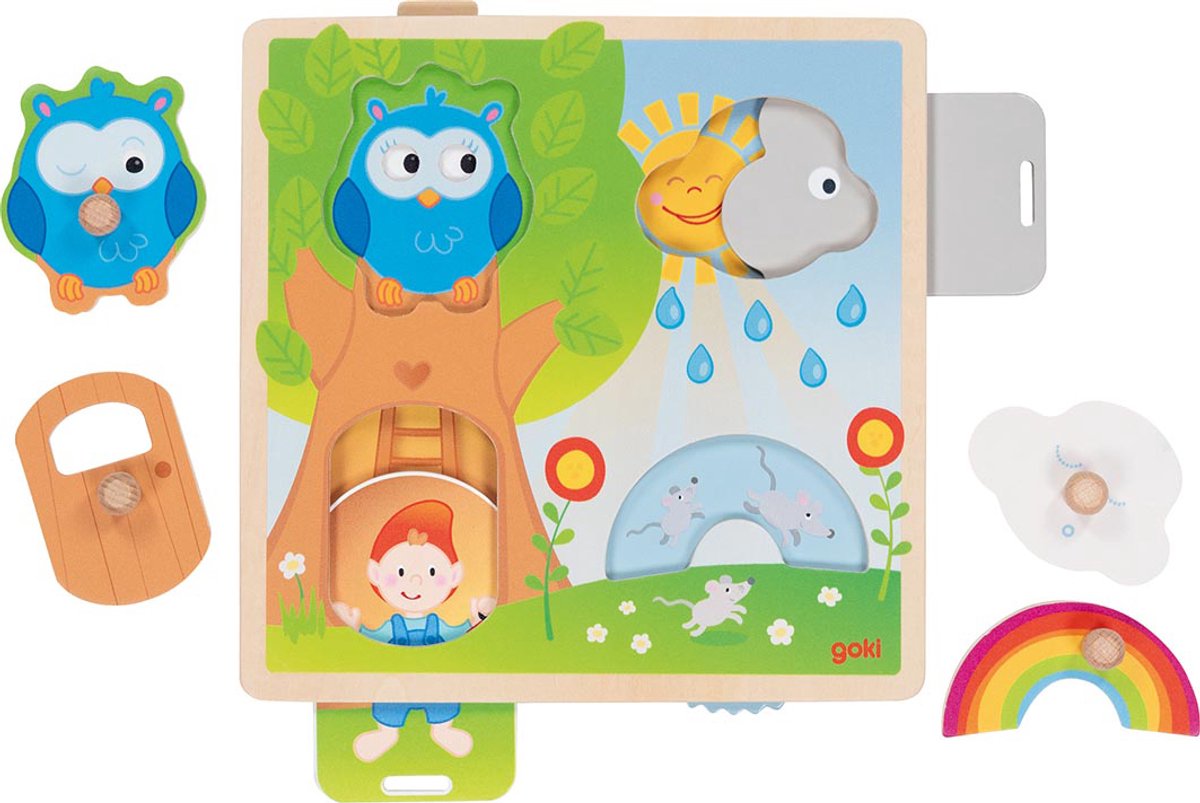 Goki houten achtergrond vormenpuzzel weer, 4st.