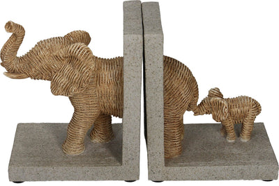 Hd boekensteun olifant met jong naturel rietlook 25,5 x 8,8 x 15,5 cm set van 2