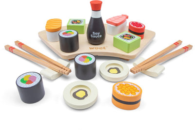 Woet ® houten sushi speelset - 21-delig japans rollenspel speelgoed - inclusief stokjes, sojasaus en serveerplank - speelgoedeten - educatief keukenspeelgoed - vanaf 3 jaar