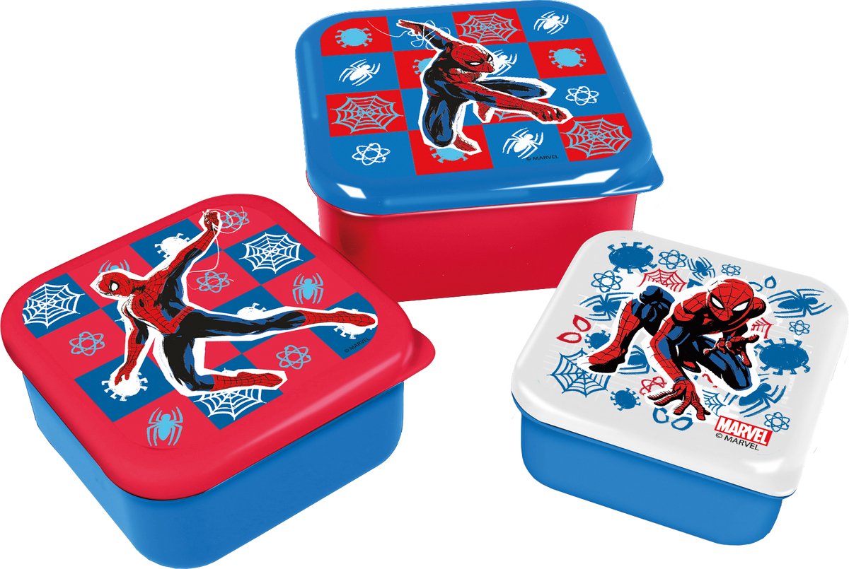 Stor marvel's spider-man 3-in-1 snackdoosjes - 3 formaten - vierkant - sluit goed af - lunchboxen voor kinderen - los deksel - geschikt voor koekjes, fruit en snacks - blauw rood