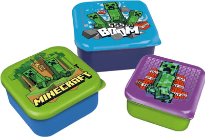 Stor minecraft 3-in-1 snackdoosjes - 3 formaten - vierkant - sluit goed af - lunchboxen voor kinderen - los deksel - geschikt voor koekjes, fruit en snacks - blauw paars groen