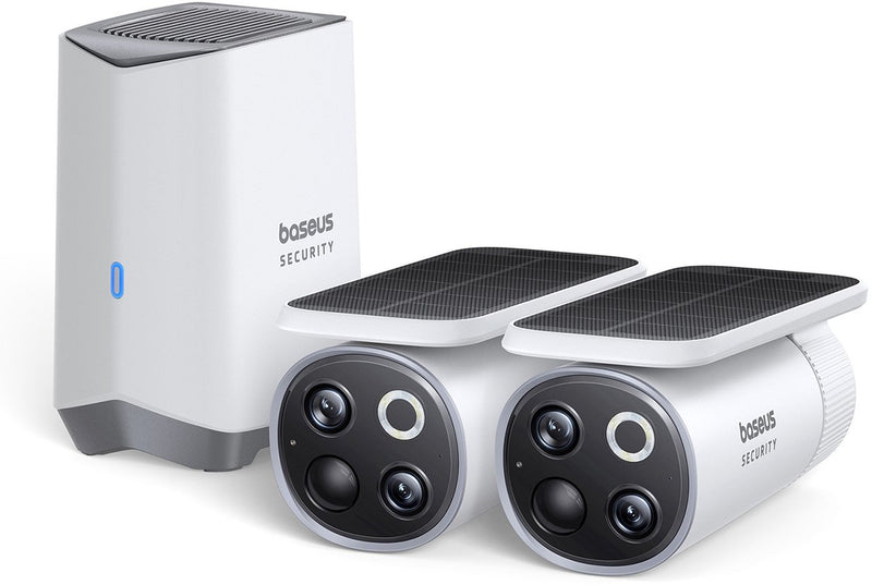 Baseus beveiligingscamera draadloos buiten set s1 pro – draadloos buiten camera – slimme beveiliging – meedraaiende zonnepaneel – buiten – 3k camera – 2 camera’s – wifi - inclusief homestation – waterdicht - weerbestendig – nachtzicht - wit