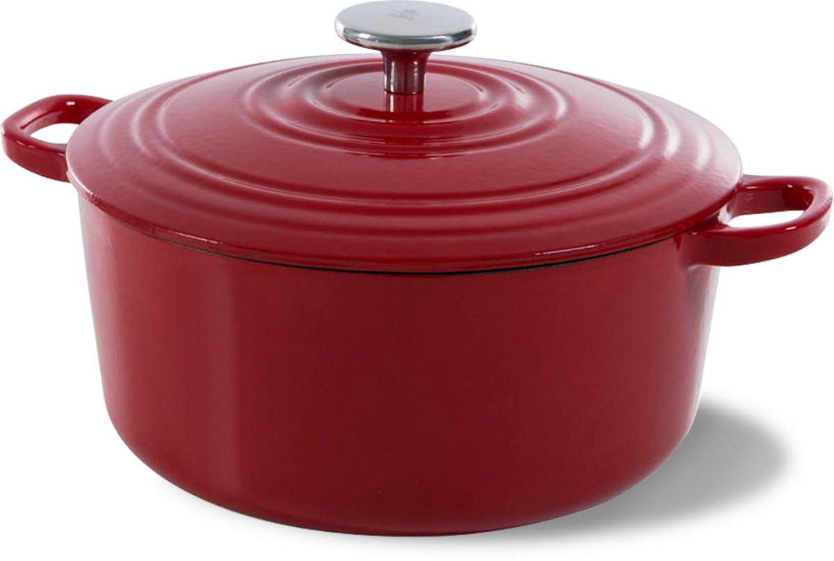 Bk bourgogne braadpan gietijzer 20cm 2.5l - inductie braadpan - gietijzeren braadpan - ovenbestendig tot 230 graden - deksel met druipringen - wit geëmailleerde binnenkant - chili red