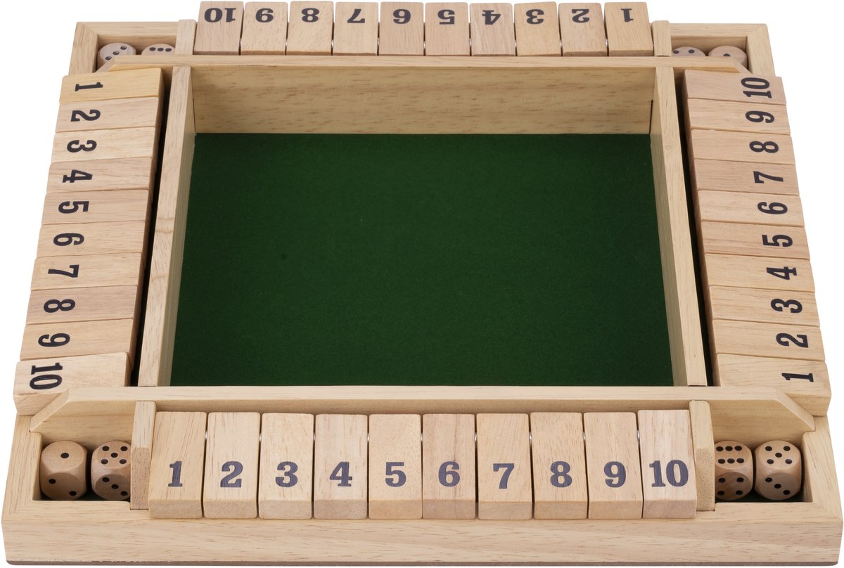 Longfield shut the box – 4 spelers – rubberhouten bak met ingelegd vilt – inclusief 8 houten dobbelstenen – bordspel 29 x 29 x 3,5 cm – strategisch familiespel – engelhart