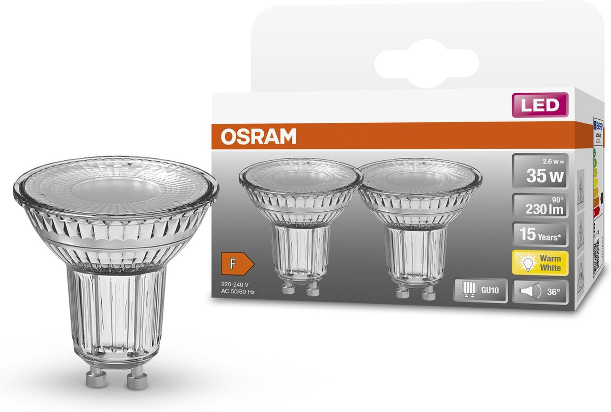 Osram led lamp - spot gu10 - 2,6w - 230 lumen - warm wit - niet dimbaar - 2 stuks