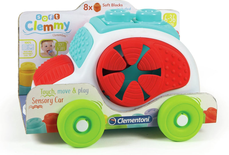 Clementoni soft clemmy - sensory car - stapelblokken - baby blokken - 8 speelblokken met vormendoos auto - 6-36 maanden