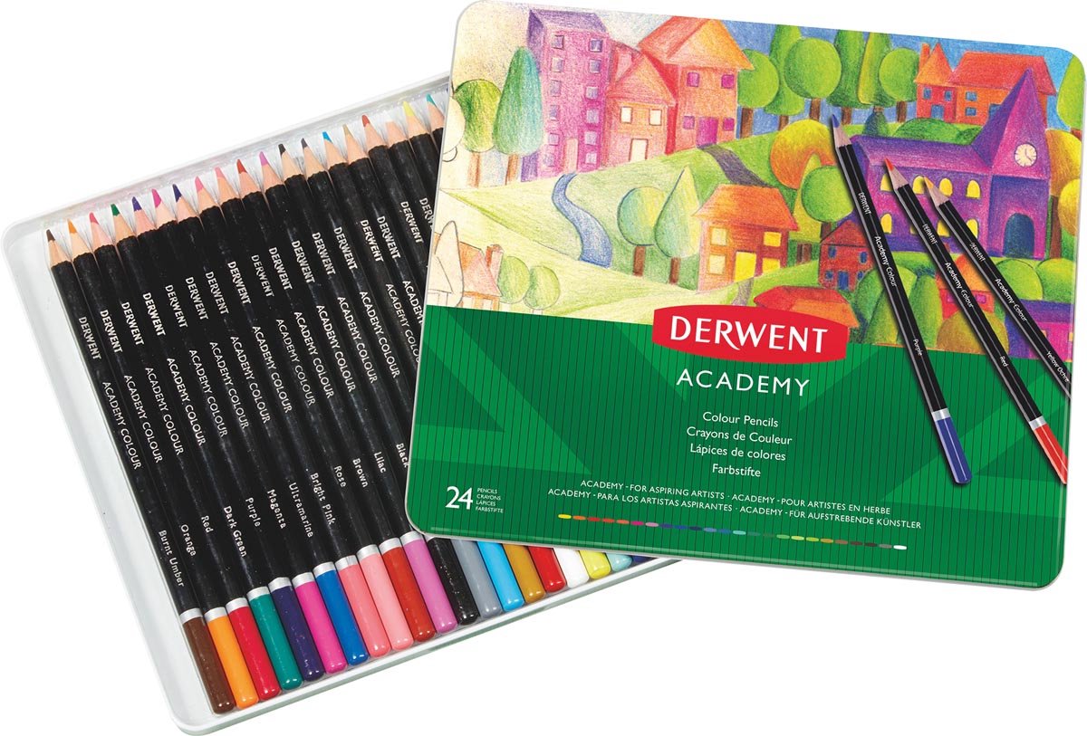 Derwent academy kleurpotloden in metalen blik - set van 24 - assorti