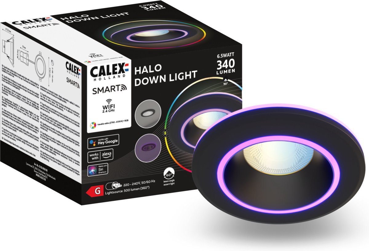 Calex halo slimme inbouwspot - smart downlight - rgb en warm wit licht - zwart