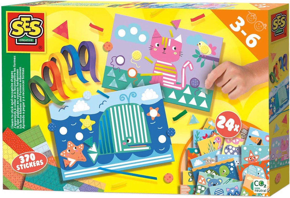Ses creative – ik leer plakken en vormen herkennen – met 24 knutselkaarten, 5 rollen gekleurde tape en stickers – educatief speelgoed vanaf 3 jaa