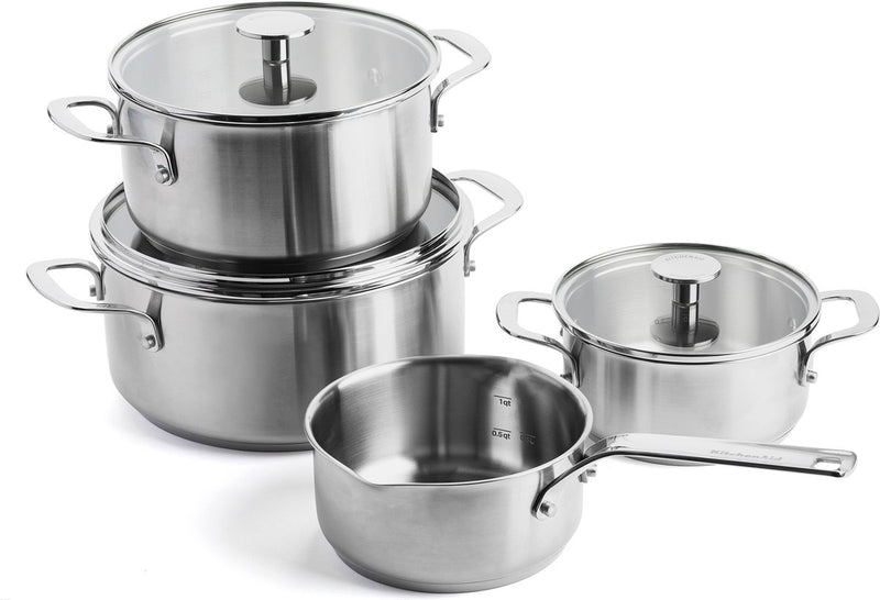 Kitchenaid stainless steel kookpannenset 7-delig - 16 20 24cm - 1.5 3.1 4.8l - pfas-vrij - rvs pannenset - pannenset inductie - ovenbestendig tot 220°c - met glazen deksel - zilver