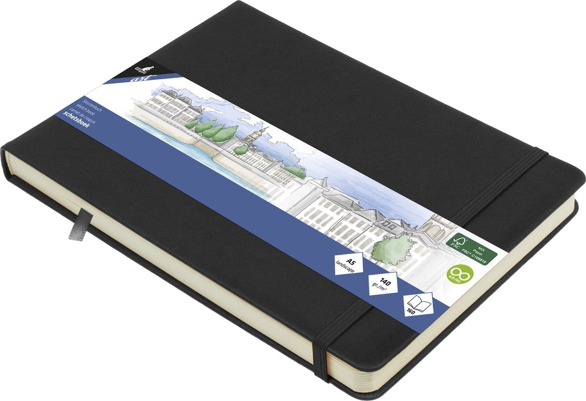 Kangaro schetsboek - a5 landscape - zwart - pu hardcover - met elastiek en lint