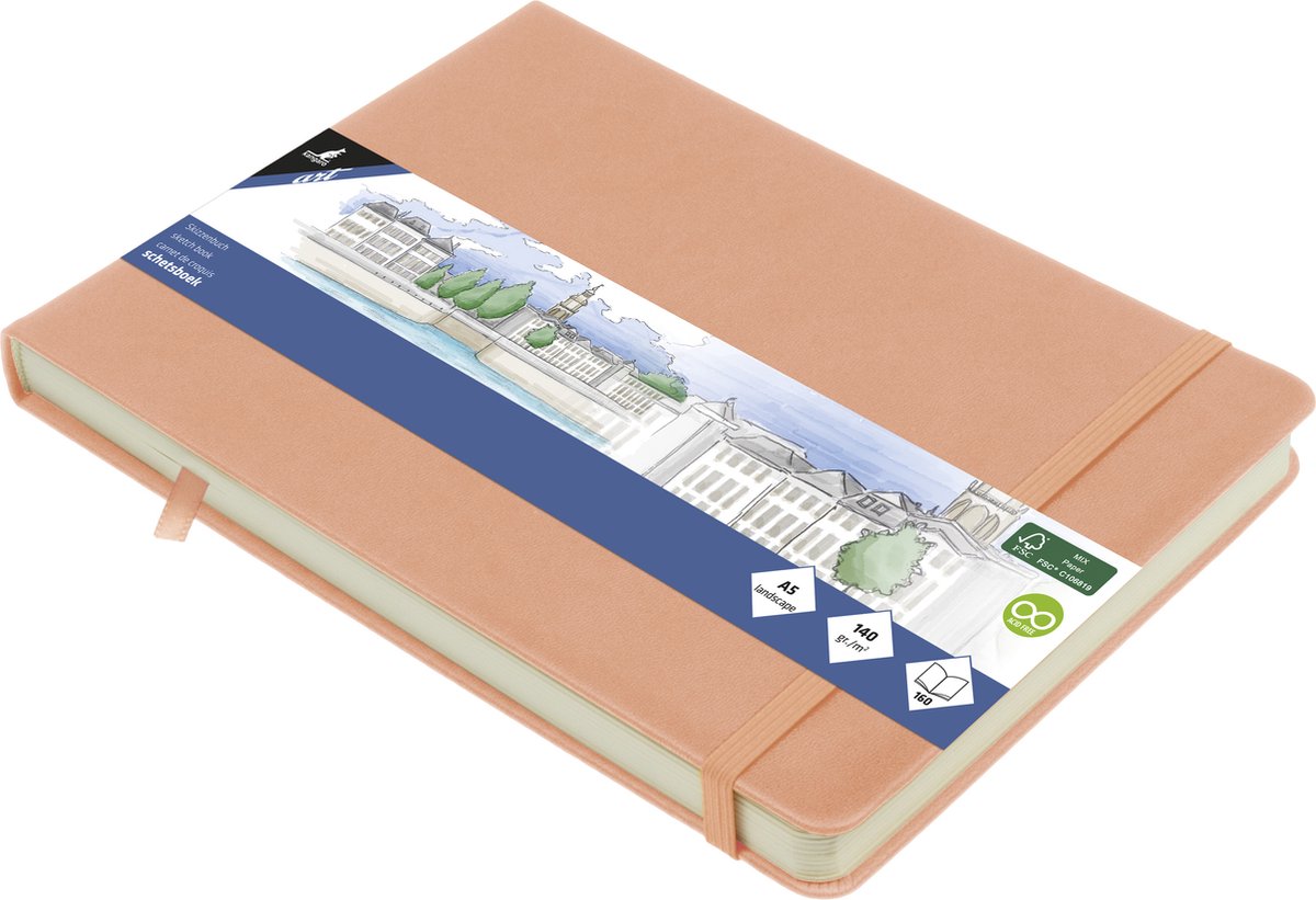 Kangaro schetsboek - a5 landscape - oudroze - pu hardcover - met elastiek en lint