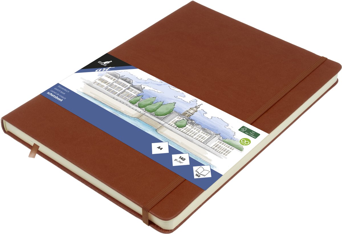 Kangaro schetsboek a4 - cognac - hardcover kaft - met elastiek en lint