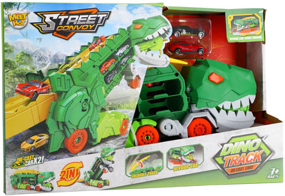 Ottosimon kiddygo transporter dino speelgoed met 2 diecast auto's en racebaan.