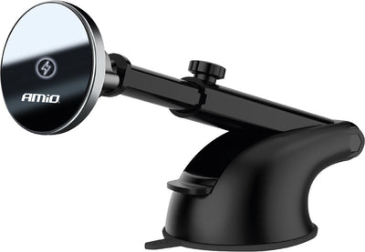 Amio magnetische telefoonhouder met 15w qi draadloze oplader en magsafe - verstelbare arm en zuignap zwart