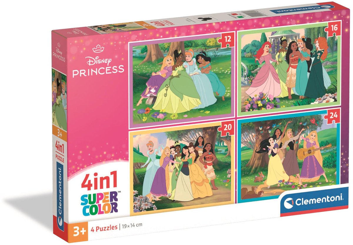 Clementoni - kinderpuzzel 4 in 1 - disney princess - 12, 16, 20 en 24 stukjes - puzzel vanaf 3 jaar