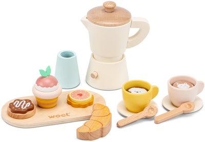 Woet ® houten percolator koffieset - 17-delige set inclusief kopjes, seveerplank, croissant, muffin en koekjes - fsc - rollenspel keukenspeelgoed - winkeltje spelen - barista speelgoed - vanaf 3 jaar