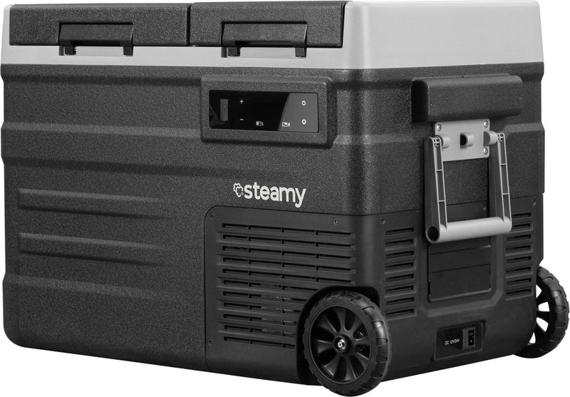Steamy -e dual zone roller elektrische compressor koelbox op wielen - dual zone - 41 liter - 12v en 230v - voor auto en camping - zwart