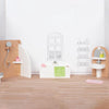 Goki poppenhuismeubeltjes: design badkamer, 10-delig, 11,2x6,2x6cm (bad), beukenhout en stof, 3+