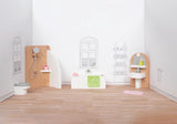 Goki poppenhuismeubeltjes: design badkamer, 10-delig, 11,2x6,2x6cm (bad), beukenhout en stof, 3+ - afbeelding 1