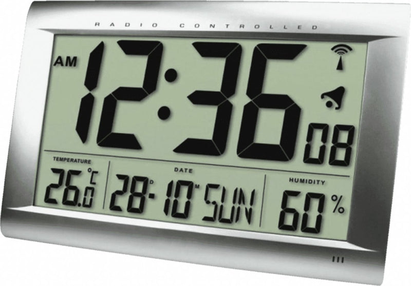 Technoline ws 8009 - wandklok - tafelklok - rechthoek - radiogestuurde tijdsaanduiding - 12 24h - datumaanduiding - alarm - binnentemperatuur - vochtigheid - zilverkelurig - 407 x 43 x 270 m