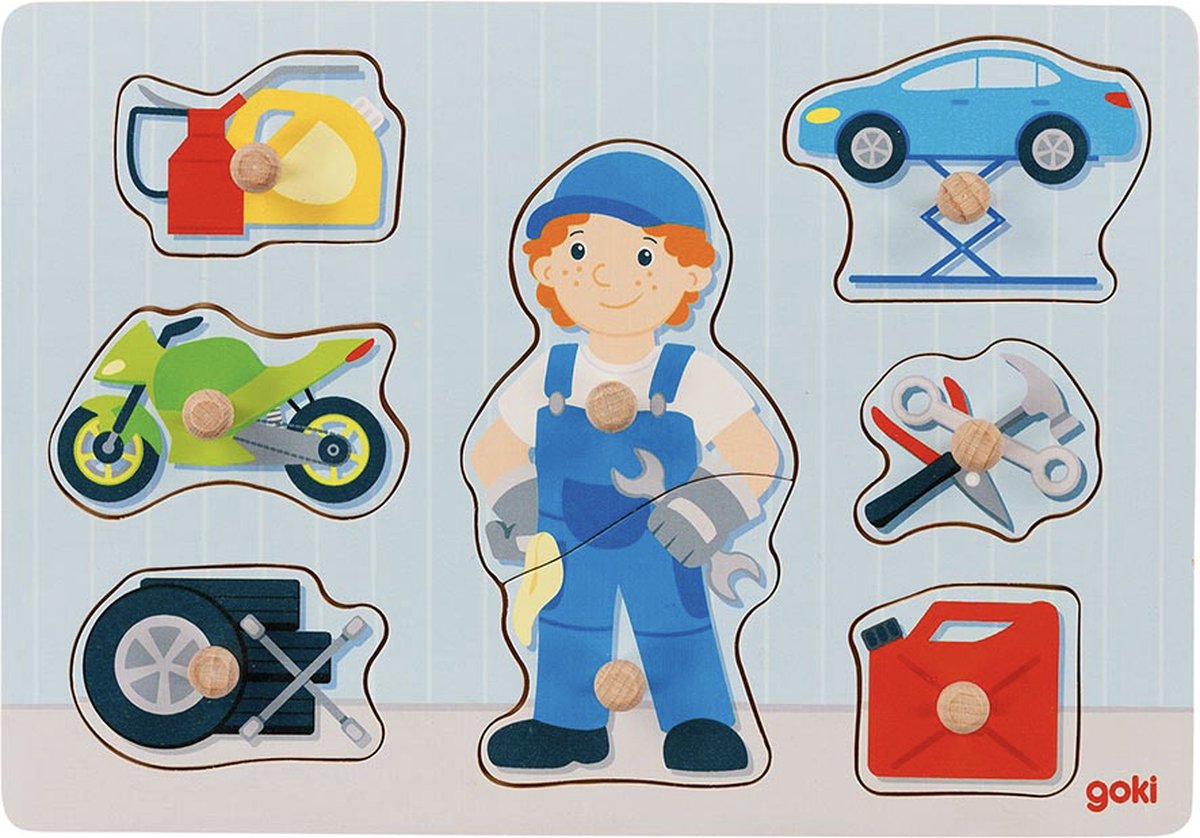 Goki steekpuzzel: mechanieker 30x21x2,4cm, 8-delig, hout, 1+