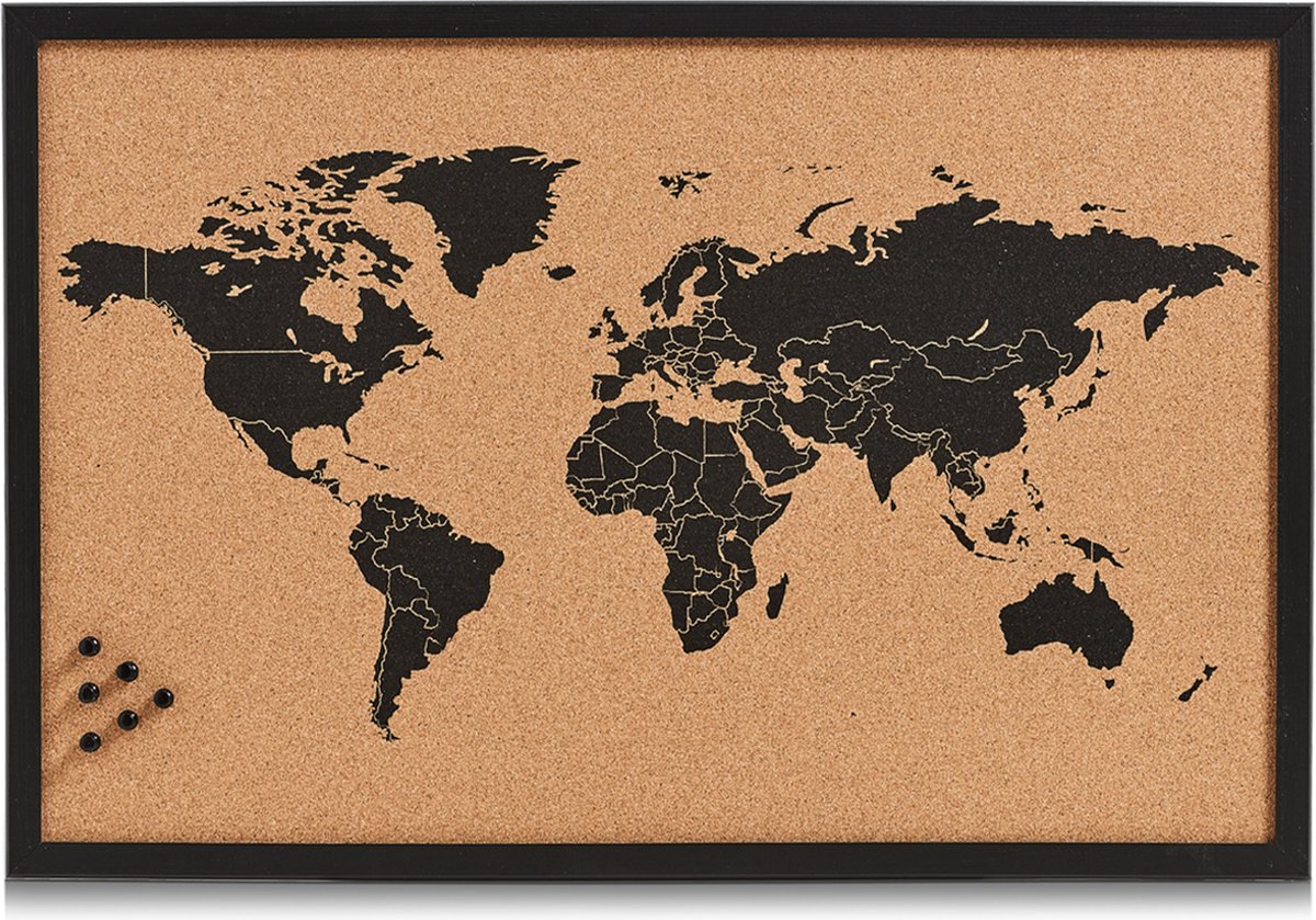 Zeller prikbord wereldkaart - zwart - 60 x 40 cm - kurk hout - memobord