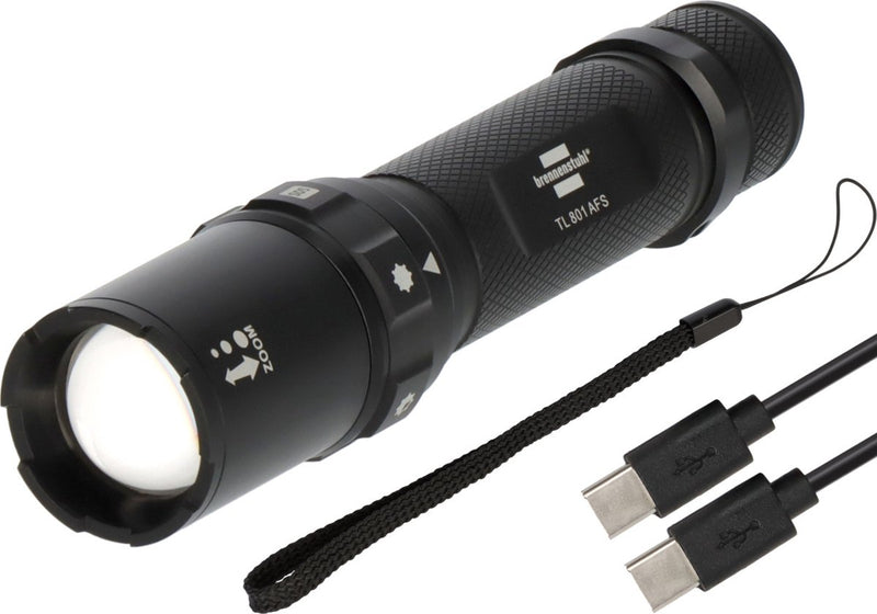 Brennenstuhl oplaadbare led-zaklamp tl 801 afs ip44 (800lm, 230m lichtbereik, focusseerbaar, max. 42u, 6 standen incl. sos stroboscoop, ip44-lampen voor buiten incl. usb c-oplaadkabel)